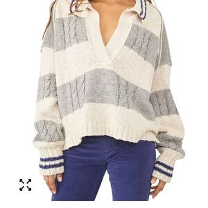 Free People Gray and Cream V-Neck Sweater